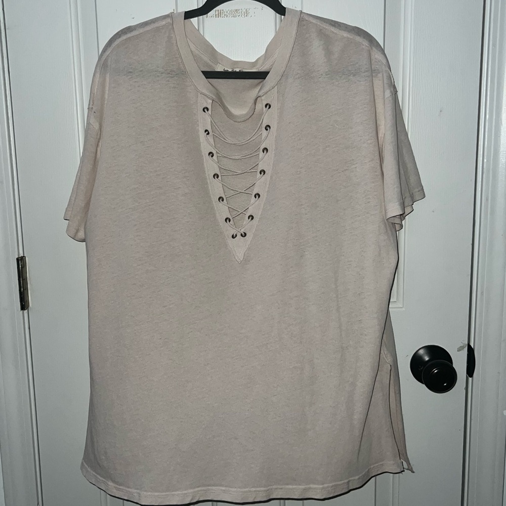 We The Free Beige Lace-Up Short Sleeve Tee